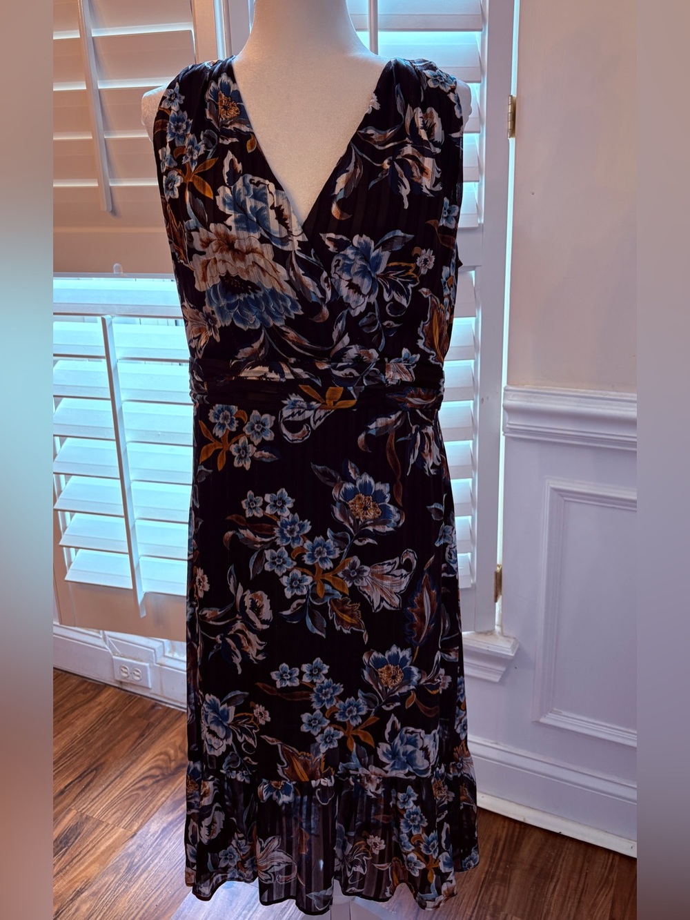 White House Black Market Black Floral Midi Dress with Blue Accents